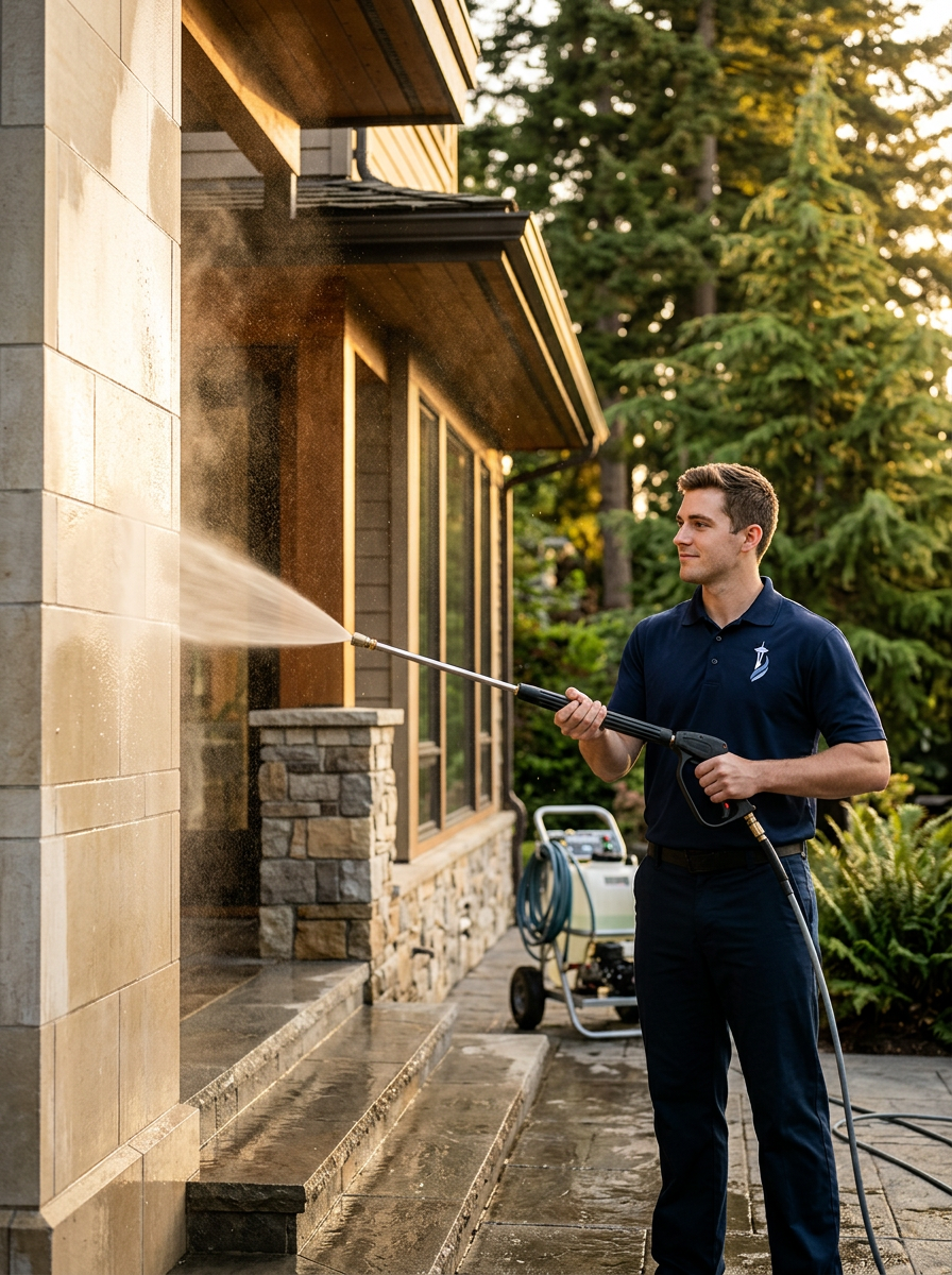 Elite Pressure Washing technicians in branded uniforms soft-washing a luxury home